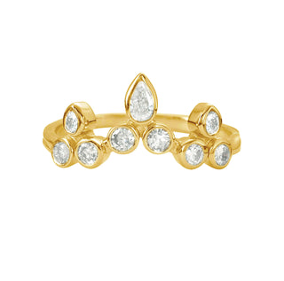 A Karen Karch 18k yellow gold ring with round diamonds configured in the shape of a tiara featuring a central pear shape diamond with 8 smaller round diamonds set in bezels against a plain white background.