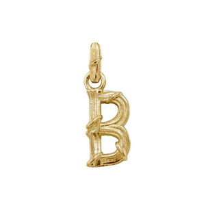 Karen Karch textured 18k yellow gold charm in the shape of the letter 'B' with a vine-detail and rectangular bail on white background.