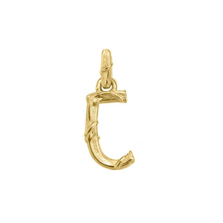 Karen Karch textured 18k yellow gold charm in the shape of the letter 'C' with a vine-detail and rectangular bail on white background.