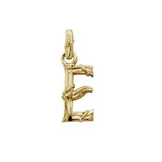 Karen Karch textured 18k yellow gold charm in the shape of the letter 'E' with a vine-detail and rectangular bail on white background.