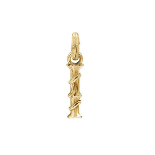 Karen Karch textured 18k yellow gold charm in the shape of the letter 'I' with a vine-detail and rectangular bail on white background.