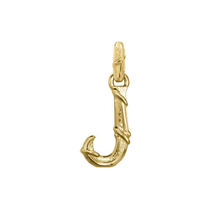 Karen Karch textured 18k yellow gold charm in the shape of the letter 'J' with a vine-detail and rectangular bail on white background.