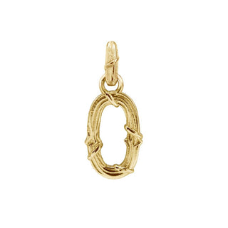 Karen Karch textured 18k yellow gold charm in the shape of the letter 'O' with a vine-detail and rectangular bail on white background.