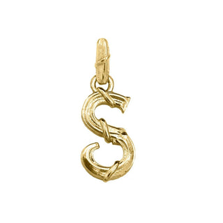 Karen Karch textured 18k yellow gold charm in the shape of the letter 'S' with a vine-detail and rectangular bail on white background.