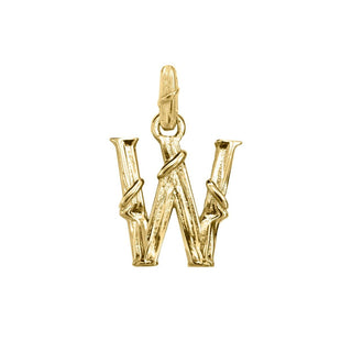 Karen Karch textured 18k yellow gold charm in the shape of the letter 'W' with a vine-detail and rectangular bail on white background.