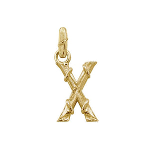 Karen Karch textured 18k yellow gold charm in the shape of the letter 'X' with a vine-detail and rectangular bail on white background.