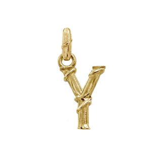 Karen Karch textured 18k yellow gold charm in the shape of the letter 'Y' with a vine-detail and rectangular bail on white background.