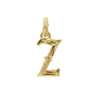 Karen Karch textured 18k yellow gold charm in the shape of the letter 'Z' with a vine-detail and rectangular bail on white background.