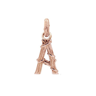 Karen Karch textured 18k rose gold charm in the shape of the letter 'A' with a vine-detail and rectangular bail on white background.