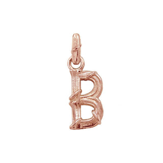 Karen Karch textured 18k rose gold charm in the shape of the letter 'B' with a vine-detail and rectangular bail on white background.