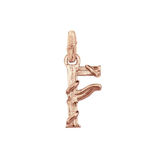 Karen Karch textured 18k rose gold charm in the shape of the letter 'F' with a vine-detail and rectangular bail on white background.