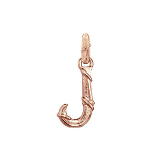 Karen Karch textured 18k rose gold charm in the shape of the letter 'J' with a vine-detail and rectangular bail on white background.