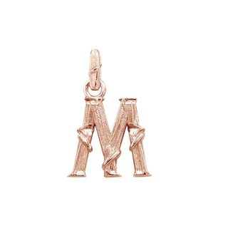 Karen Karch textured 18k rose gold charm in the shape of the letter 'M' with a vine-detail and rectangular bail on white background.