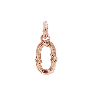Karen Karch textured 18k rose gold charm in the shape of the letter 'O' with a vine-detail and rectangular bail on white background.