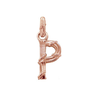 Karen Karch textured 18k rose gold charm in the shape of the letter 'P' with a vine-detail and rectangular bail on white background.