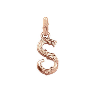 Karen Karch textured 18k rose gold charm in the shape of the letter 'S' with a vine-detail and rectangular bail on white background.