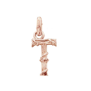 Karen Karch textured 18k rose gold charm in the shape of the letter 'T' with a vine-detail and rectangular bail on white background.