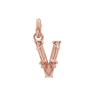 Karen Karch textured 18k rose gold charm in the shape of the letter 'V' with a vine-detail and rectangular bail on white background.