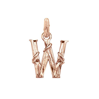Karen Karch textured 18k rose gold charm in the shape of the letter 'W' with a vine-detail and rectangular bail on white background.