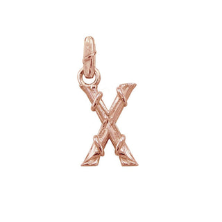 Karen Karch textured 18k rose gold charm in the shape of the letter 'X' with a vine-detail and rectangular bail on white background.