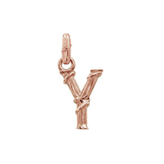 Karen Karch textured 18k rose gold charm in the shape of the letter 'Y' with a vine-detail and rectangular bail on white background.