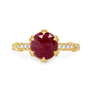 Karen Karch Diamond Studded Vine Round Ruby Rose Cut Solitaire 18k Yellow Gold Ring on white background.