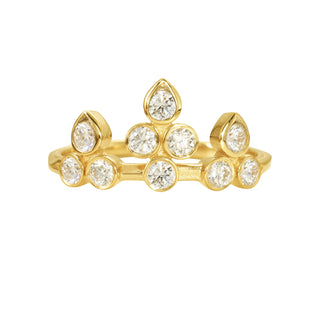 Karen Karch 18k Yellow Gold bezel set Colorless Diamond Ring configured in the shape of a tiara for the finger on a white background.