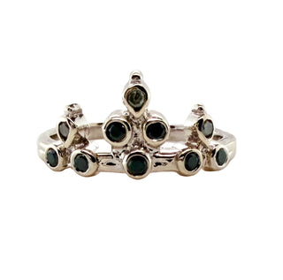 Karen Karch 18k White Gold Belgian Tiara with Black and Gray Diamonds on white background. 