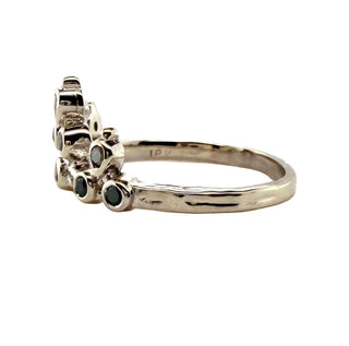 Karen Karch 18k White Gold Belgian Tiara with Black and Gray Diamonds side viewon white background. 