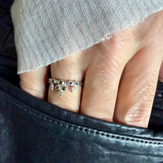 Karen Karch 18k White Gold Belgian Tiara with Black and Gray Diamonds facing down on a white background.