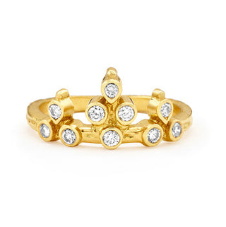 Karen Karch 18k Yellow Gold Belgian Tiara Ring with 10 diamonds clustered in a crown shape on a white background.
