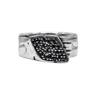 Karen Karch sterling silver Signet Wrap ring studded with black diamonds, 9.5 mm wide on white background, 