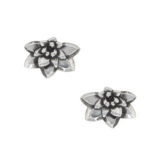Karen Karch by Deme Wolfe pair of silver flower-shaped earrings on a white background, front view.