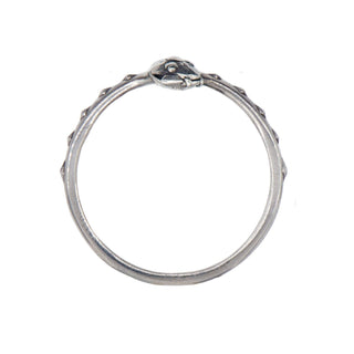 Karen Karch by Deme Wolfe silver snake ring curved to bite its tail top view.