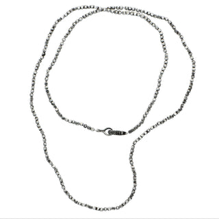 Karen Karch 32" Gray Diamond-stuuded Hooked Lithe with medium silver hook clasp on irregular silver beads shown doubled on white background.