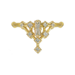 Karen Karch 18k Yellow Gold Diamond Tokyo Floating Star Ring with Baguette Diamond Center Stone and Princess Cut  Diamond in Cluster Shape on white background, 