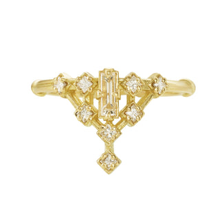 Karen Karch 18k Yellow Gold Diamond Tokyo Floating Star Ring with Baguette Diamond Center Stone and Princess Cut  Diamond in Cluster Shape on white background