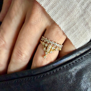 Karen Karch 18k Yellow Gold Diamond Tokyo Floating Star Ring with Baguette Diamond Center Stone and Princess Cut  Diamond in Cluster Shape stacked with 18ky Diamond Jaipur Swing on hand.