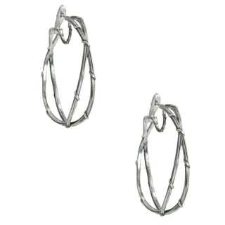 Karen Karch silver hoop earrings with a double vine design, intricately detailed and aligned with a support bar on white bacground.