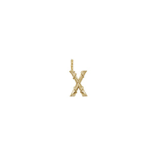 Karen Karch Gold Letter X charm in weathered texture metal and crossing vines on a white background. 