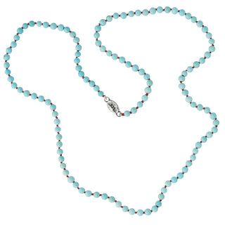 Karen Karch 4mm Round Turquoise Beaded Necklace with a hot pink knot between each bead with a small silver tag engraved with 925 and K-rose Logo