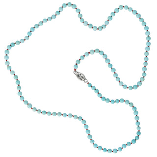 Karen Karch 4mm Round Turquoise Beaded Necklace with a hot pink knot between each bead with a small silver tag engraved with a K-rose logo