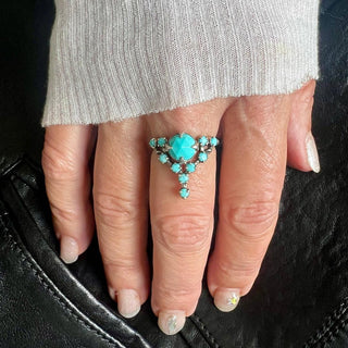 A Karen Karch silver cocktail ring featuring a large round turquoise center stone surrounded by smaller turquoise stones, in a star-like formation on a hand.