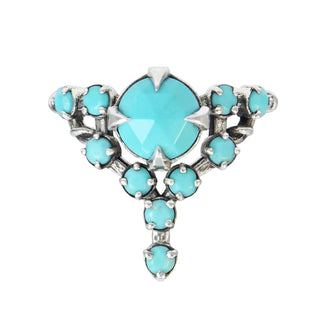 A Karen Karch silver cocktail ring featuring a large round turquoise center stone surrounded by smaller turquoise stones, in a star-like formation on a white background.