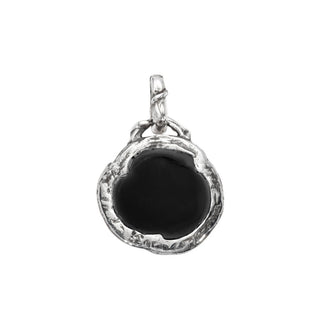 Back View of a Karen Karch Carved Black Onyx rose bud amulet with silver setting on a white background