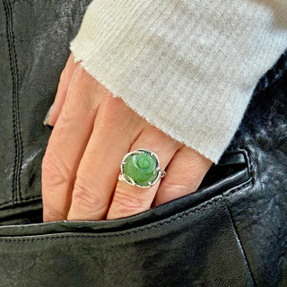 Karen Karch Silver Gabrielle Rosebud Carved Jade Ring, on a hand.