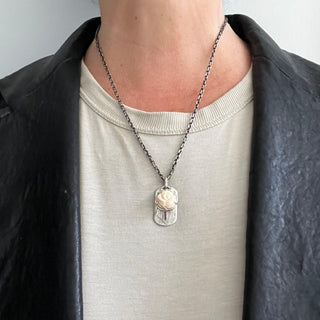 Karen Karch Silver White Coral Rosebud and Dog Tag on Chain on model in leather jacket