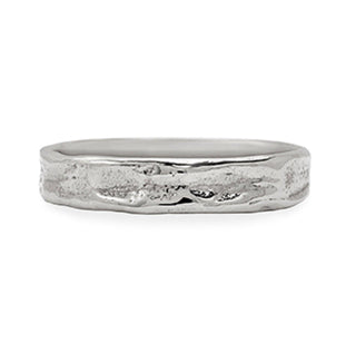 Karen Karch History Weathered Irregular edge platinum 4mm band on white background.