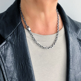 Karen Karch Sterling Silver Hooked Chain Necklace, side view of clasp on a white background.