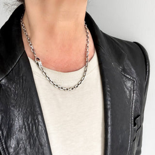 Karen Karch Sterling Silver Hooked Chain Necklace, clasp to side, logo showing, on a white background.